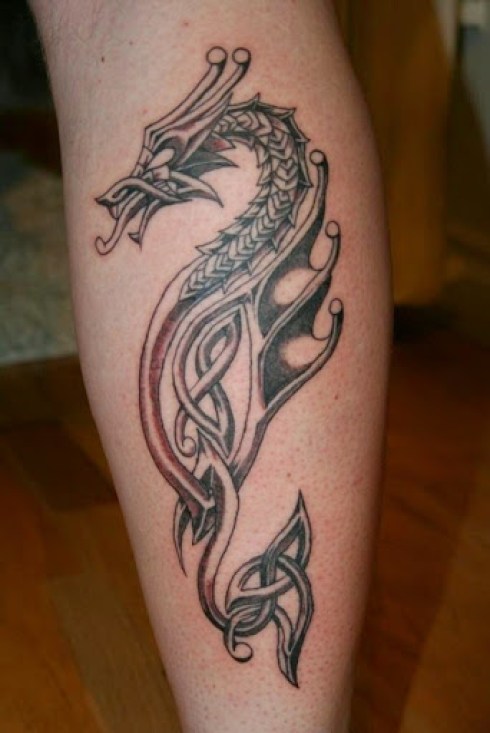 Black Ink Celtic Cross Tattoo On Leg Calf