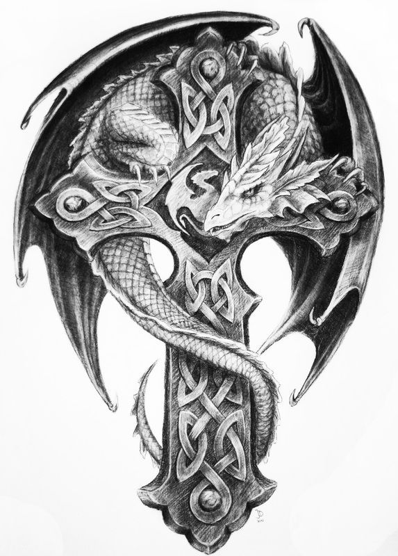 Black Ink Celtic Cross With Dragon Tattoo Design