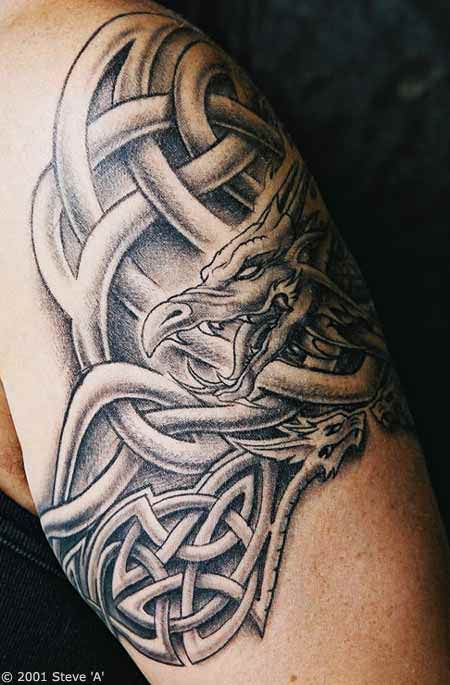 Black Ink Celtic Dragon Tattoo Design For Half Sleeve