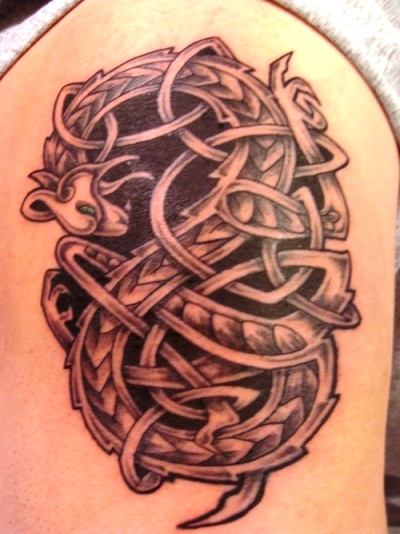 Black Ink Celtic Dragon Tattoo On Shoulder