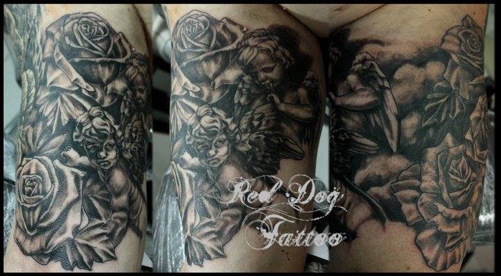 Black Ink Cherubs With Roses Tattoo On Half Sleeve