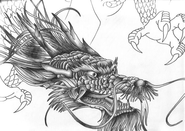 Black Ink Chinese Dragon Head Tattoo Design