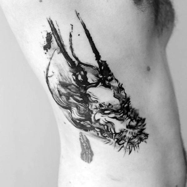 Black Ink Chinese Dragon Head Tattoo On Right Side Rib