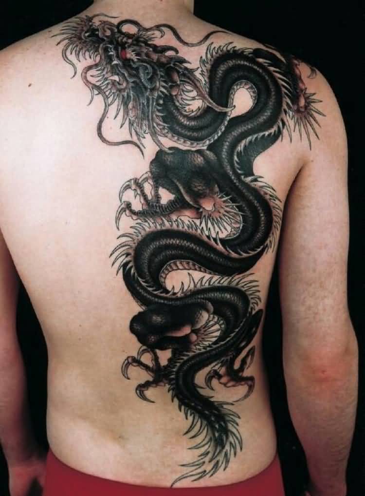 Black Ink Chinese Dragon Tattoo On Man Full Back