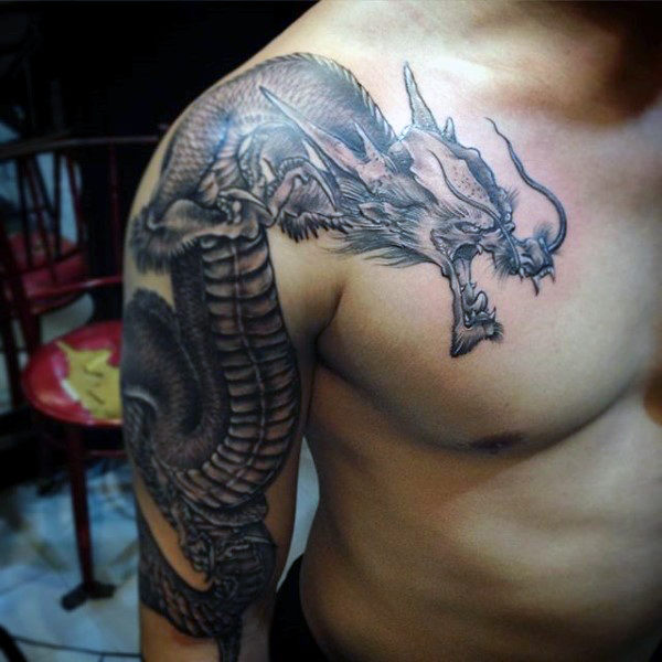 Black Ink Chinese Dragon Tattoo On Man Right Half Sleeve And Shoulder