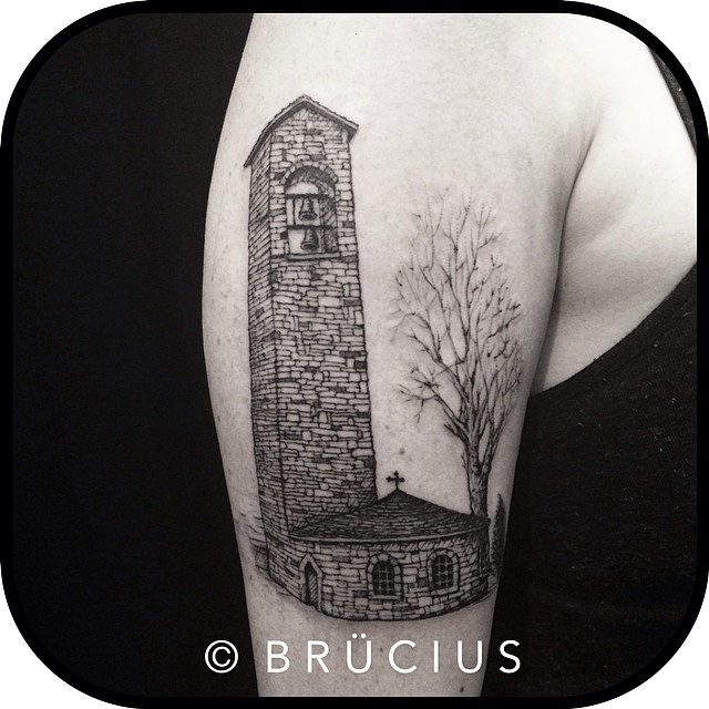Black Ink Church Tattoo On Right Half Sleeve By Brucius