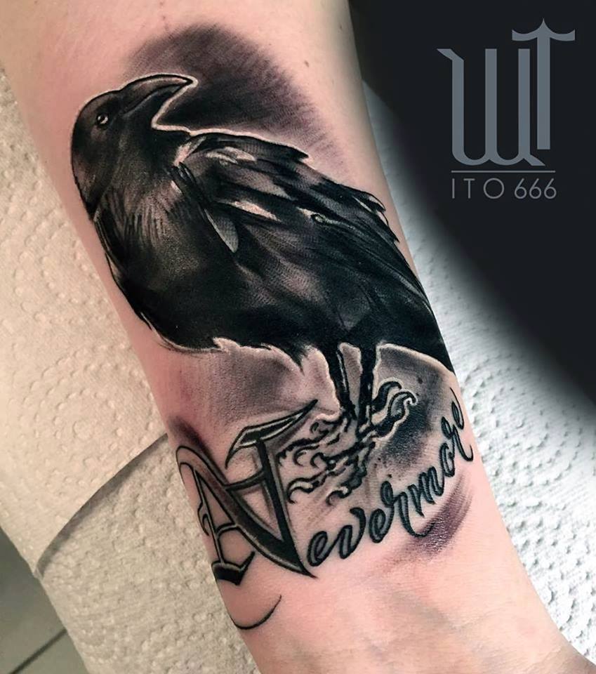 Black Ink Crow Tattoo On Left Bicep