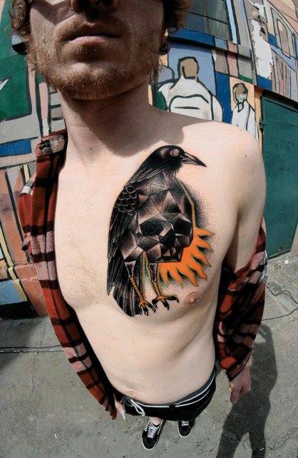 Black Ink Crow With Skull Tattoo On Man Left Chest By Mariusz Trubisz