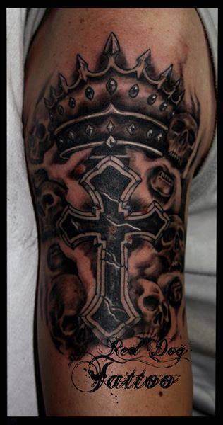 Black Ink Crown With Cross Tattoo On Right Half Sleeve