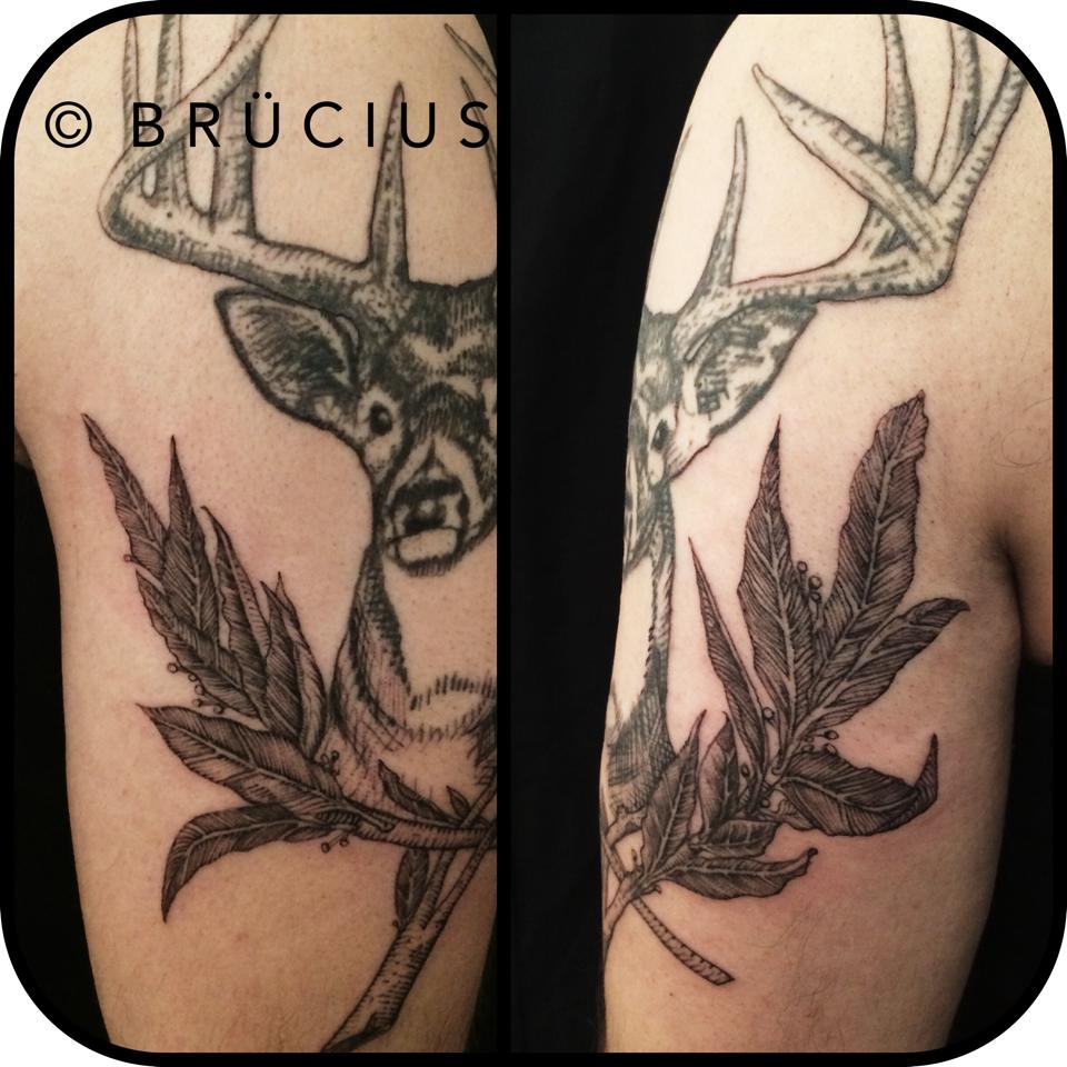 Black Ink Deer Tattoo On Half Sleeve By Brucius
