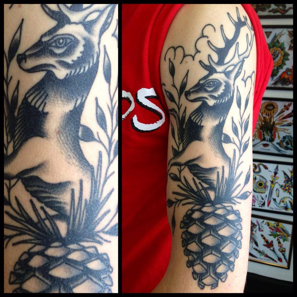 Black Ink Deer With Pineapple Tattoo On Left Half Sleeve By Jay Thurley