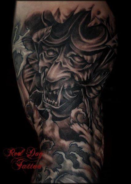 Black Ink Demon Head Tattoo Design For Sleeve