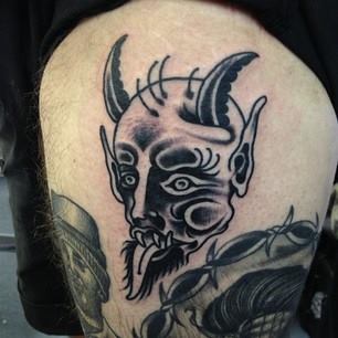 Black Ink Demon Head Tattoo Design For Thigh