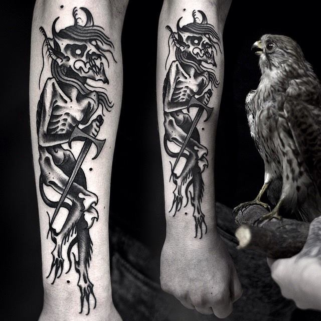 Black Ink Devil With Sword Tattoo On Right Arm By Marcelina Urbanska