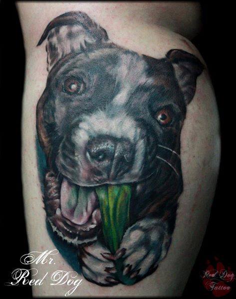 Black Ink Dog Head Tattoo On Leg Calf