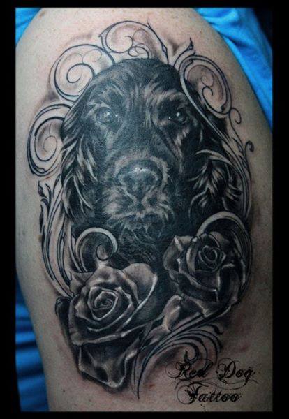 Black Ink Dog Head With Roses Tattoo On Left Half Sleeve