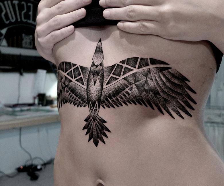 Black Ink Dotwork Bird Tattoo On Girl Stomach