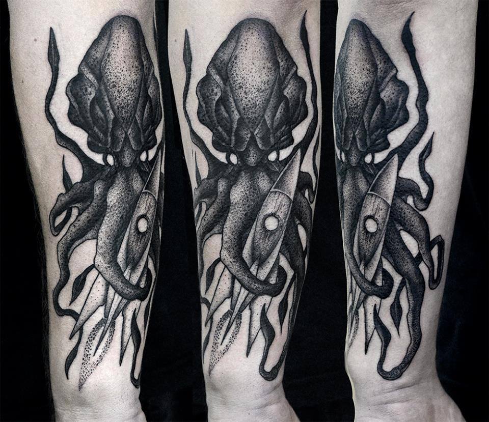 Black Ink Dotwork Octopus Tattoo On Left Arm