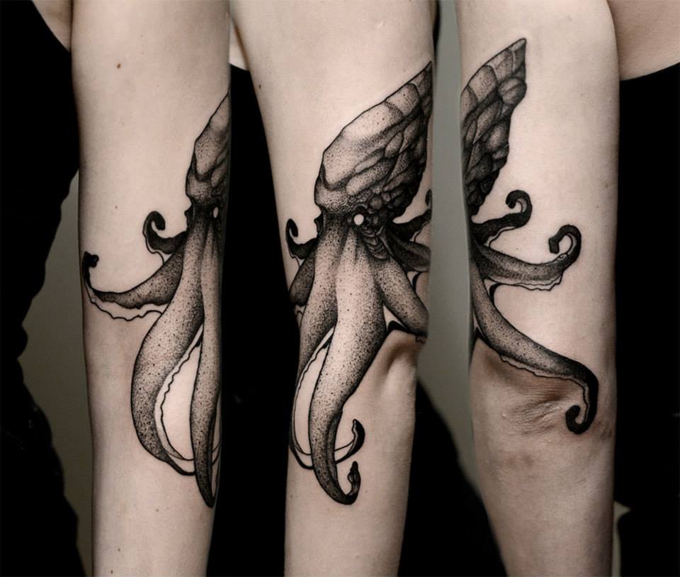 Black Ink Dotwork Octopus Tattoo On Left Half Sleeve By Bartosz Wojda