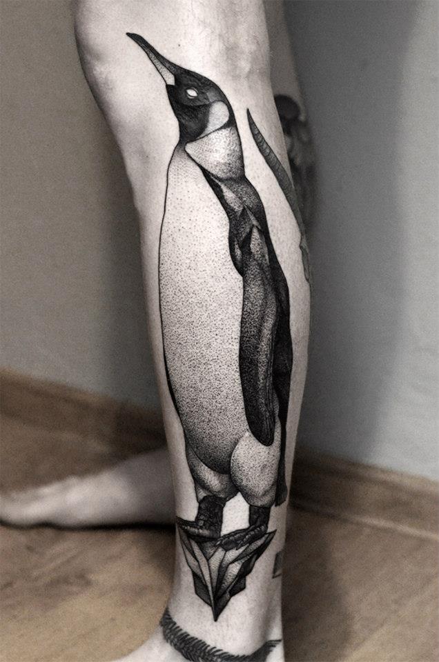 Black Ink Dotwork Penguin Tattoo On Left Leg