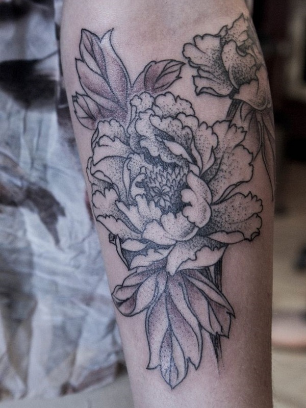 Black Ink Dotwork Peony Flower Tattoo Design For Sleeve