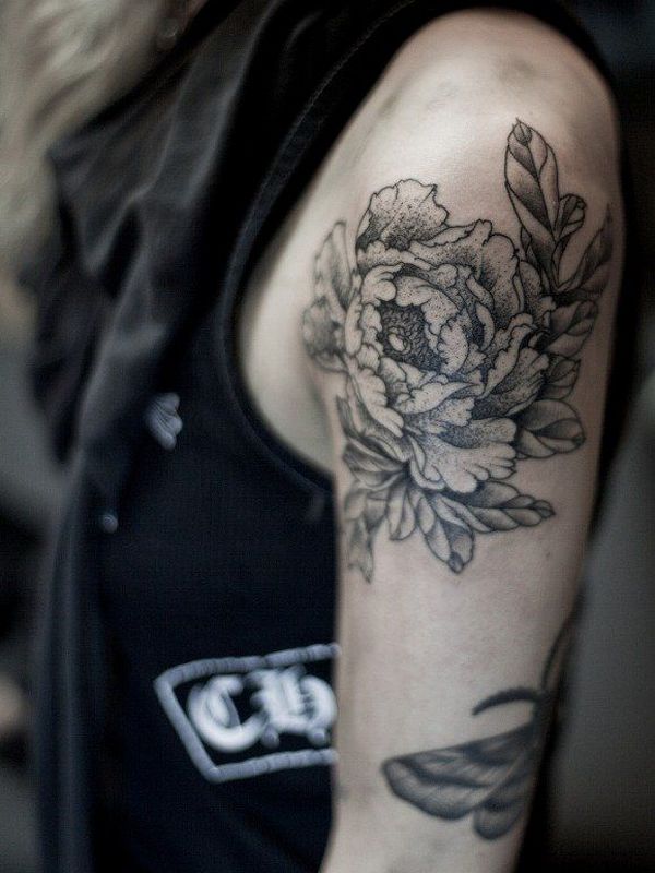 Black Ink Dotwork Peony Flower Tattoo On Girl Left Shoulder