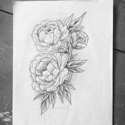 Black Ink Dotwork Peony Flowers Tattoo Design