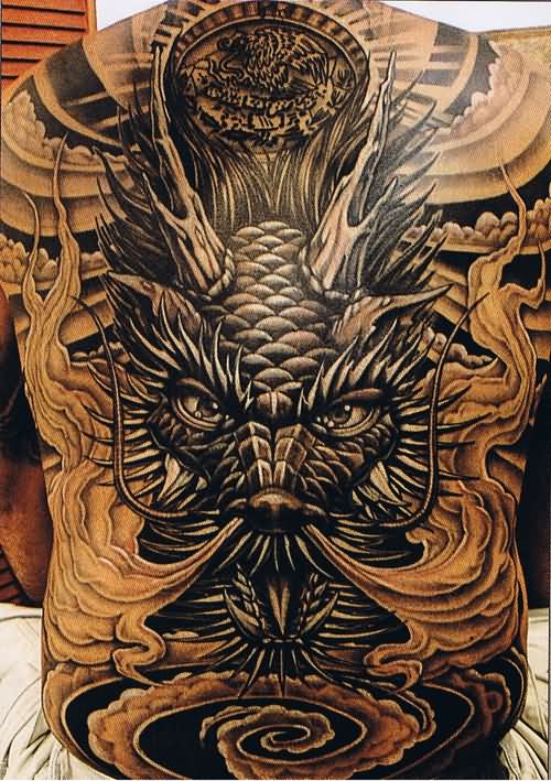 Black Ink Dragon Head Tattoo On Man Full Back