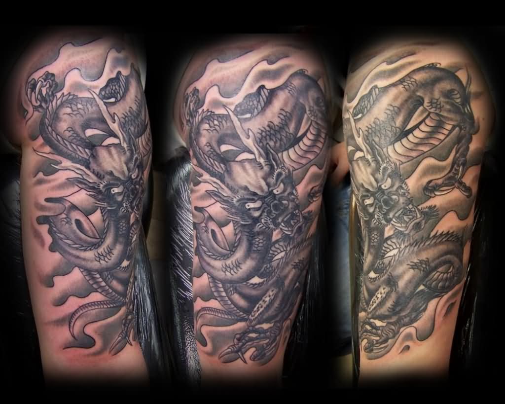 Black Ink Dragon Tattoo Design For Half Sleeve