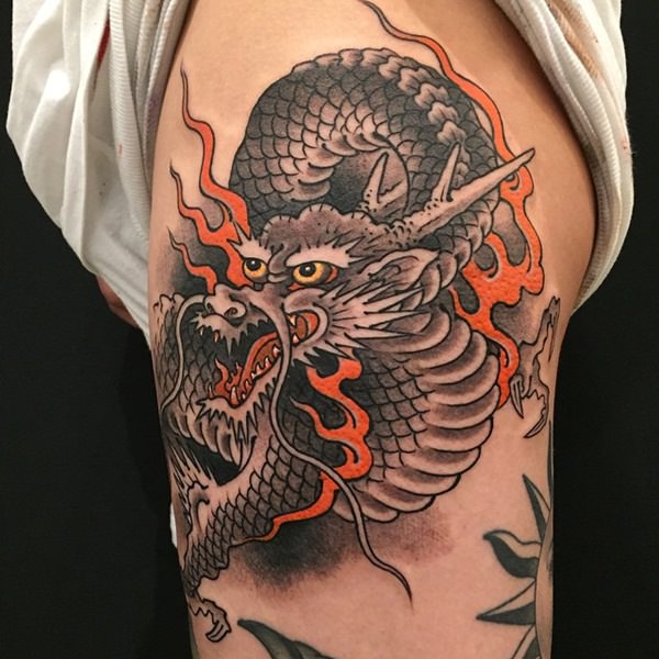 Black Ink Dragon Tattoo Design Side Thigh By Ichibay