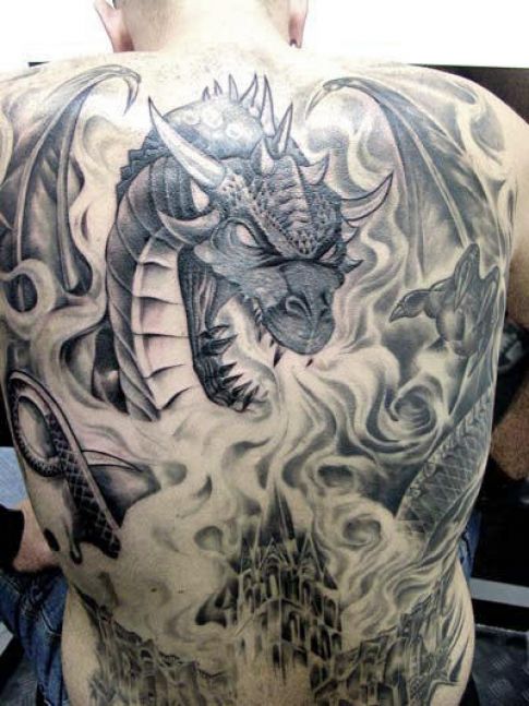Black Ink Dragon Tattoo On Full Back