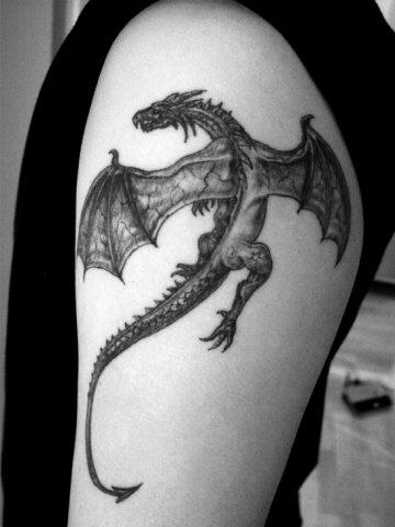 Black Ink Dragon Tattoo On Left Half Sleeve