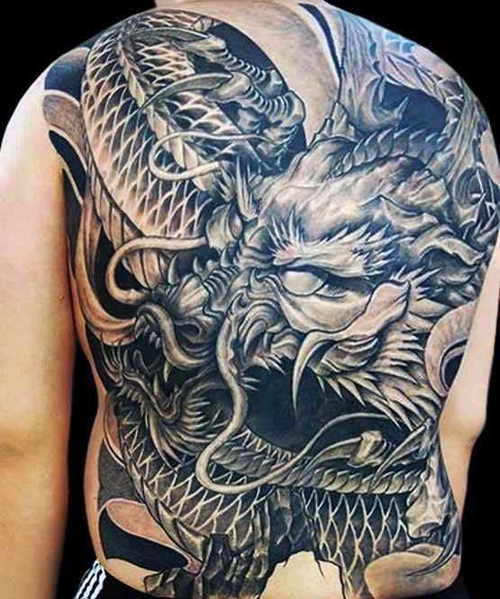 Black Ink Dragon Tattoo On Man Full Back By Bum Choi