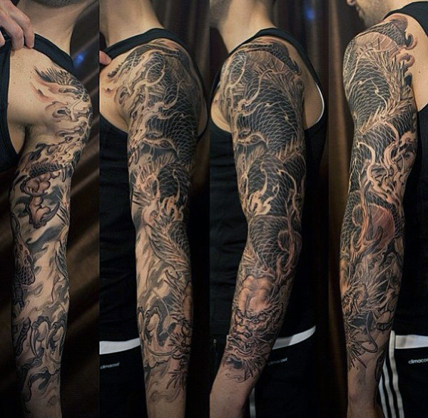 Black Ink Dragon Tattoo On Man Left Full Sleeve By Tony Hu
