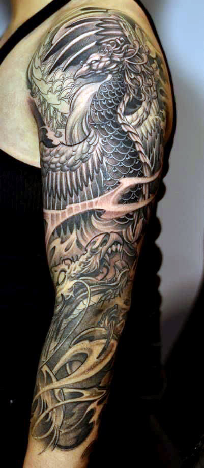 Black Ink Dragon Tattoo On Man Left Full Sleeve