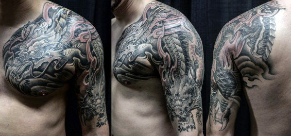 Black Ink Dragon Tattoo On Man Left Half Sleeve And Shoulder