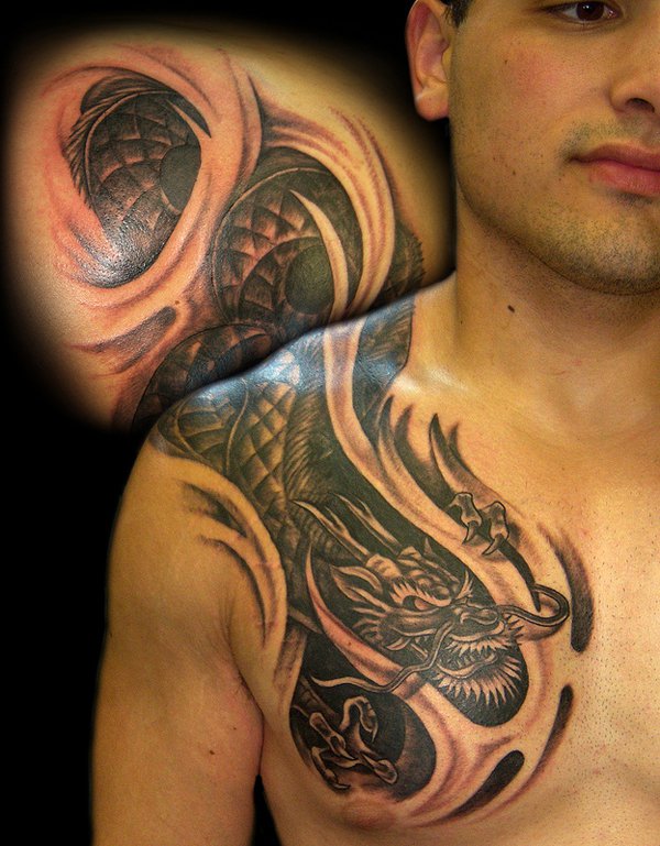 Black Ink Dragon Tattoo On Man Right Front Shoulder