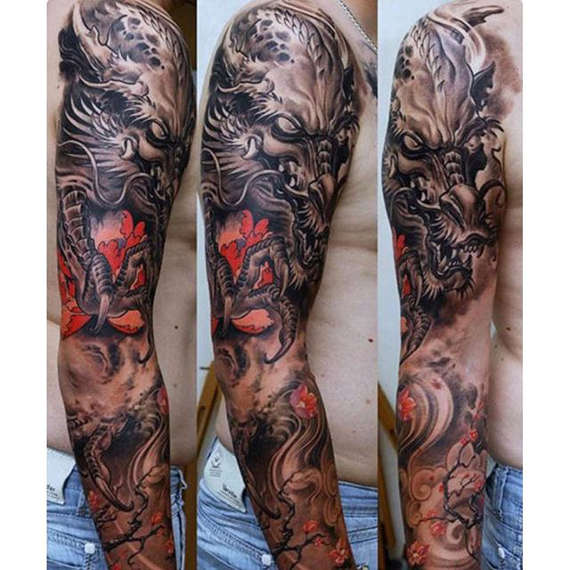 Black Ink Dragon Tattoo On Man Right Full Sleeve