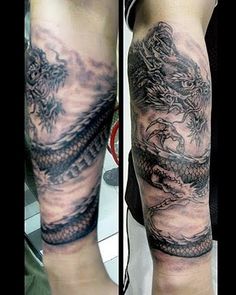 Black Ink Dragon Tattoo On Right Forearm