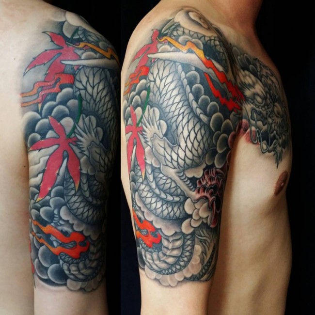 Black Ink Dragon Tattoo On Right Half Sleeve