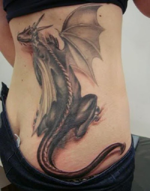Black Ink Dragon Tattoo On Right Side Rib