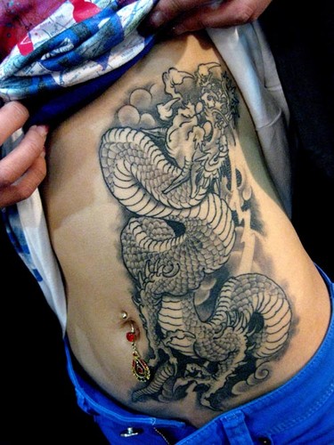 Black Ink Dragon Tattoo On Stomach