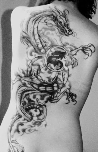 Black Ink Dragon Tattoo On Women Full Back