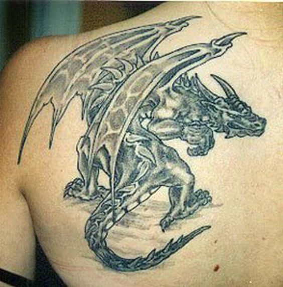 Black Ink Dragon Tattoo On Women Left Back Shoulder