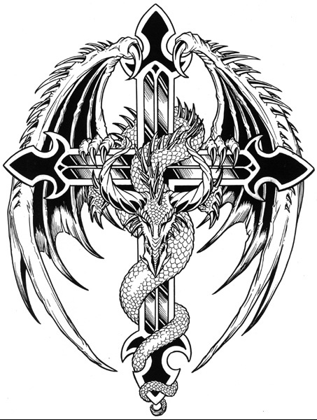 Black Ink Dragon With Cross Tattoo Stencil