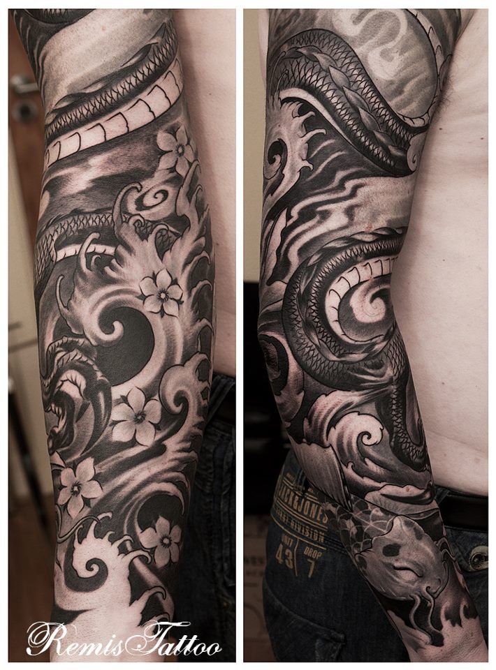 Black Ink Dragon With Flowers Tattoo On Sleeve By Remistattoo