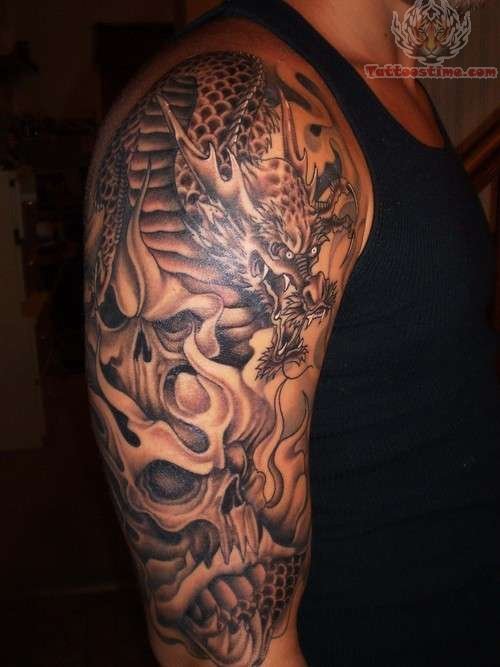 Black Ink Dragon With Skull Tattoo On Right Half Sleeve