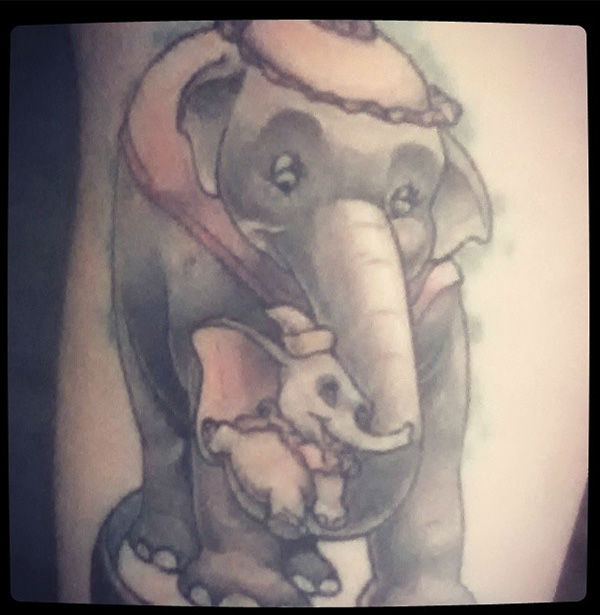 Black Ink Dumbo With Mother Tattoo Design For Sleeve