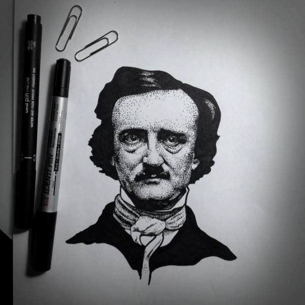 Black Ink Edgar Allan Poe Face Tattoo Design By Filipa Vargas