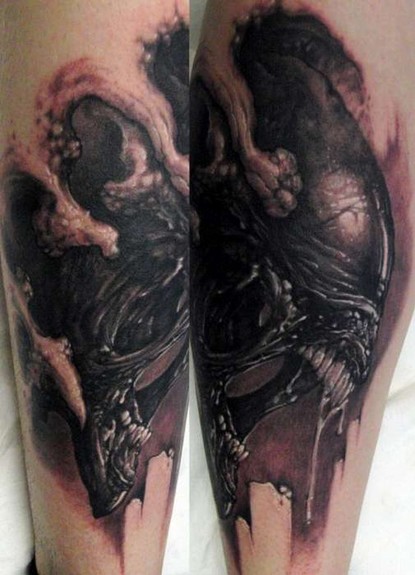 Black Ink Evil Alien Head Tattoo Design For Sleeve